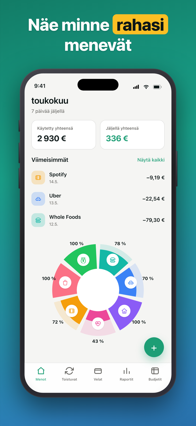 Penno home screen with the monthly spending donut